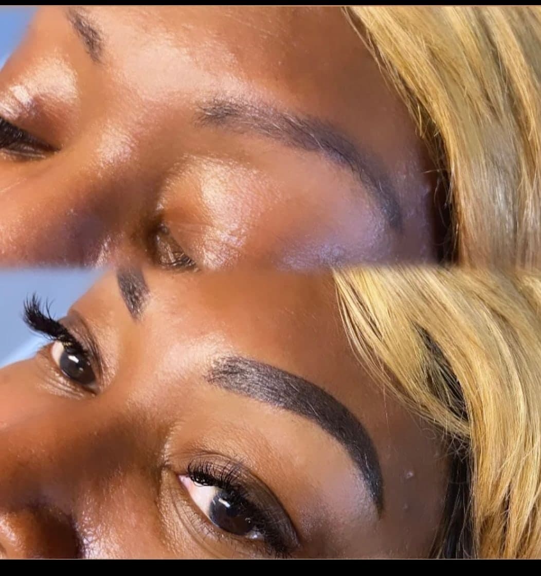 Before and after Ombré Brows close-up — thin brow filled to a full, sculpted arch