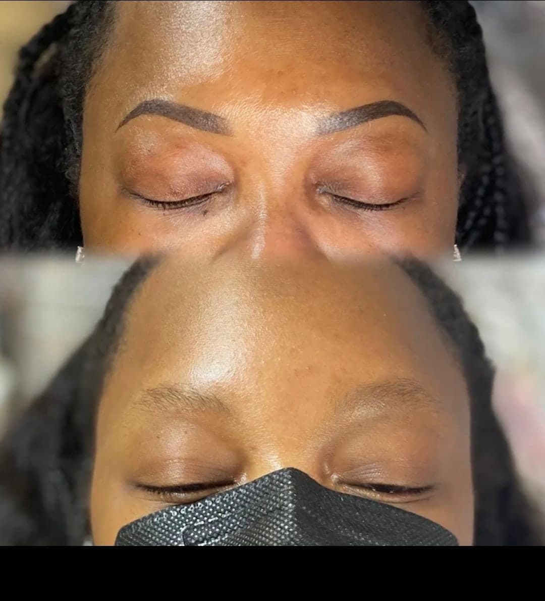 Before and after Ombré Brows on a client with box braids — sparse brows filled to a full, defined arch