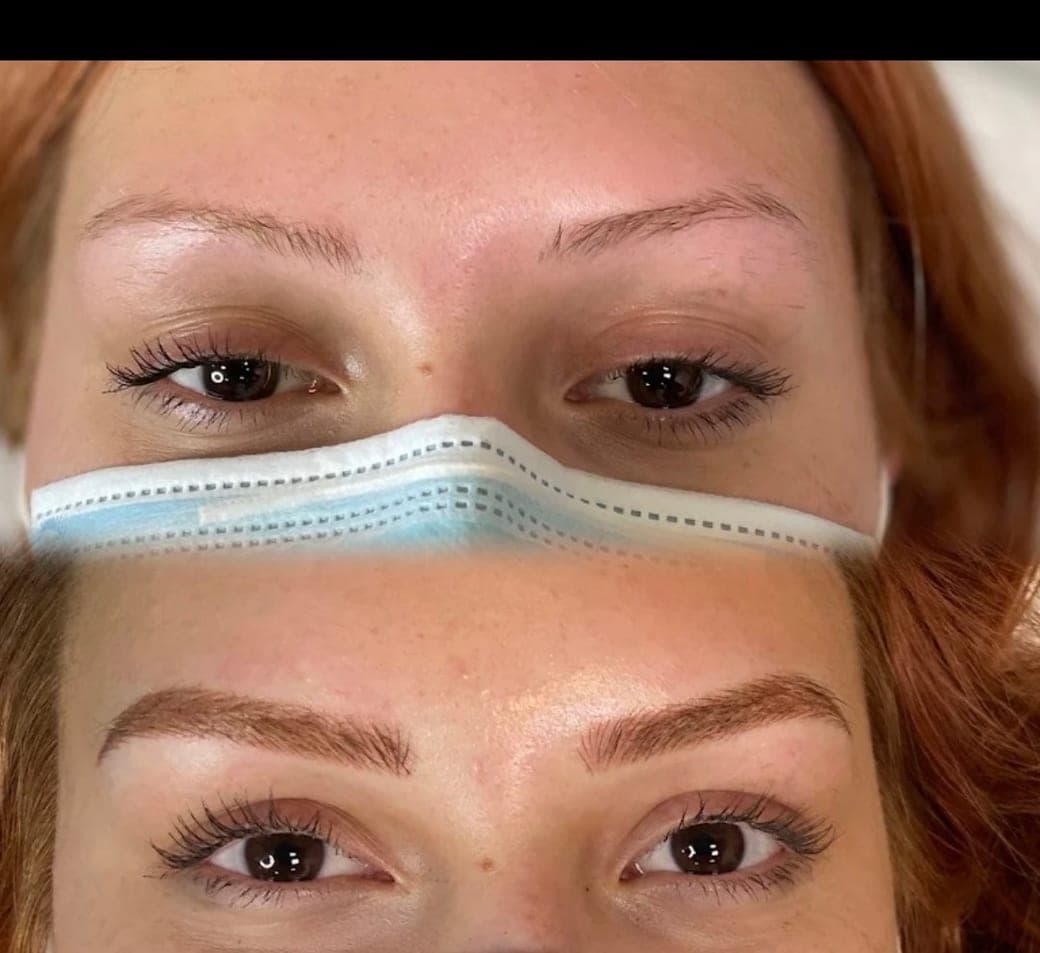 Before and after Ombré powder brows on a fair-skinned client — soft, natural shape
